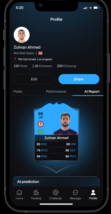 Your AI-rated player card, stats, and share-ready profile